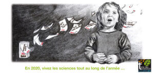 Carte de voeux recto : petite fille dessinée au fusain, qui s'émerveille devant les feuilles du calendrier des sciences qui s'envolent autour d'elle