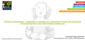 Verso de la carte de voeux, avec la petite fille au fusain en arrière plan