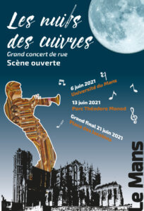 Affiche des nuits de cuivre : la lune éclaire une silhouette de trompettiste emplie de cuivres, au-dessus de la cathédrale du Mans détourée