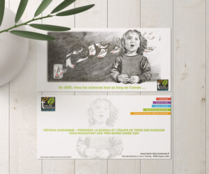 Réalisation d'une illustration au fusain pour la carte de voeux, petite fille qui voit voler les rdv de culture scientifique de Terre des Sciences pour l'année à venir, en infographie pédagogique