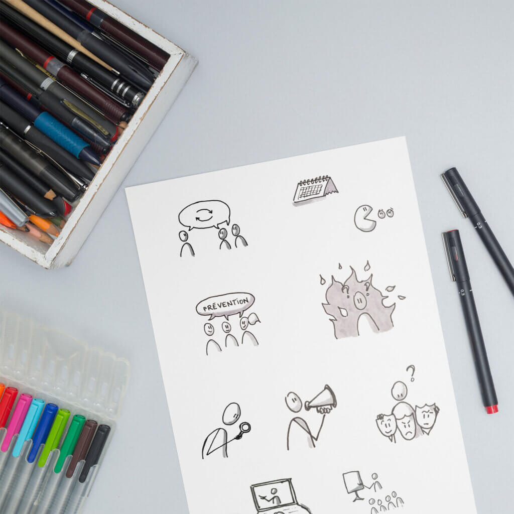 Pensée visuelle : feuille de dessins réalisés pour créer les pictogrammes de la formation Comprendre et prévenir les Risques Psychosociaux de Mediaclap