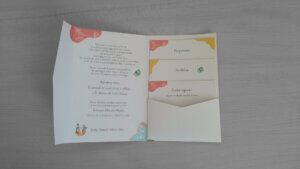 vue de l'intérieur du faire part de mariage texte de présentation, et 3 cartons de programme, invitation et coupon réponse glissés dans la partie de droite