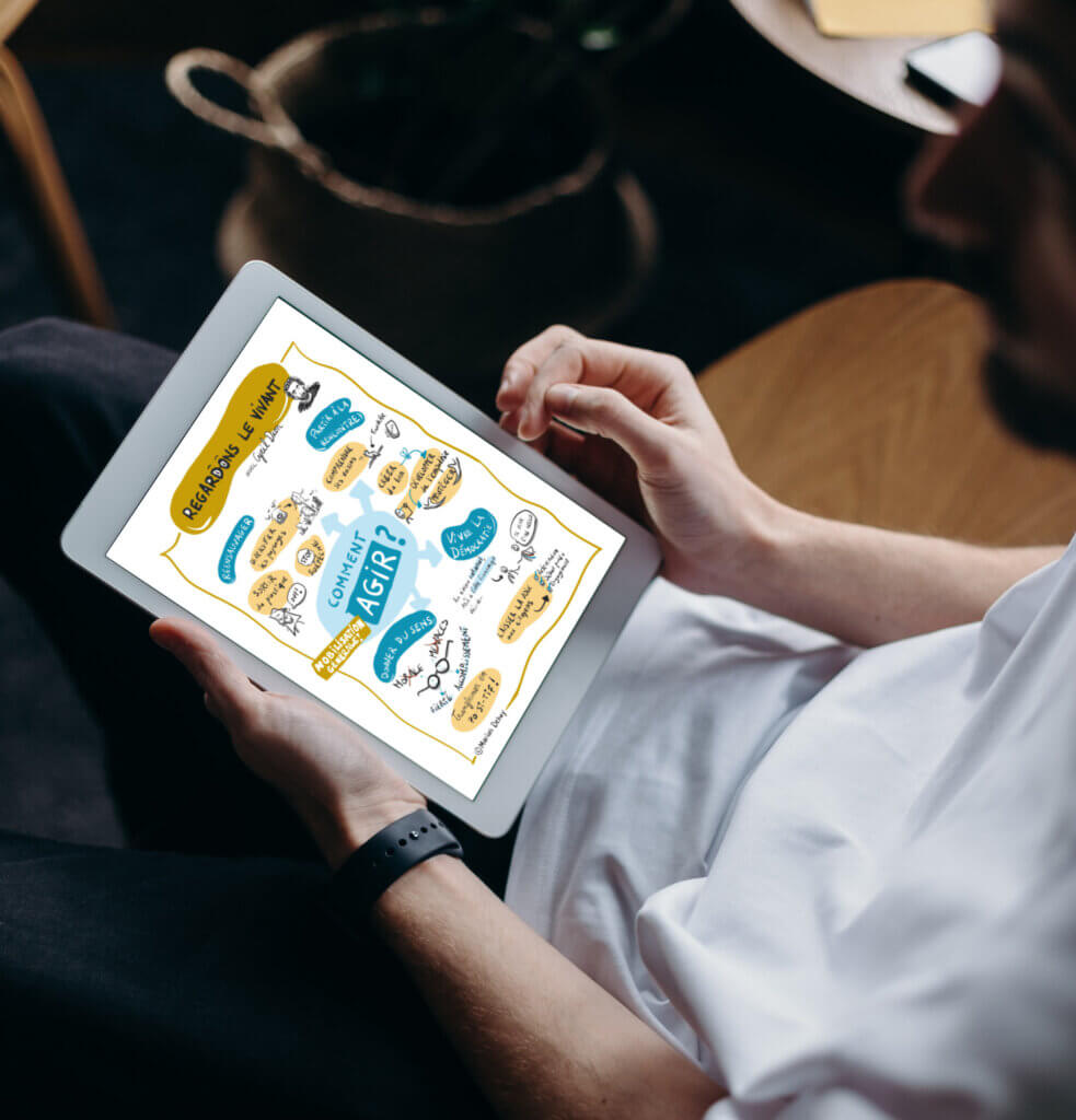 tablette graphique avec une image de la synthèse visuelle de la conférence de Cyril Dion sur la biodiversité en Maine et Loire